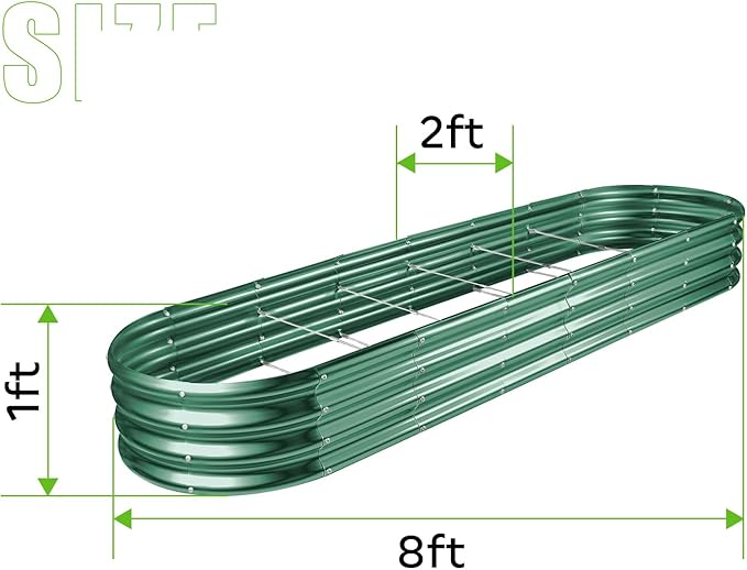 Land Guard 8×2×1ft Galvanized Raised Garden Bed Kit, 108 Gallon Capacity Raised Garden Boxes Outdoor, Oval Metal Raised Garden Beds for Vegetables, Forest Green (with 10 Connecting rods)