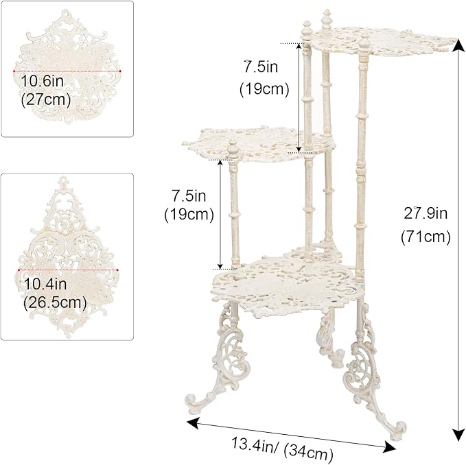 Sungmor Vintage Cast Iron 3-Tier Plant Stand, Elegant Butterfly & Floral Design with Antique White Finish, 28 Inch Tall Rustic Flower Pot Holder, Heavy Duty Metal Display Shelf for Indoor and Outdoor