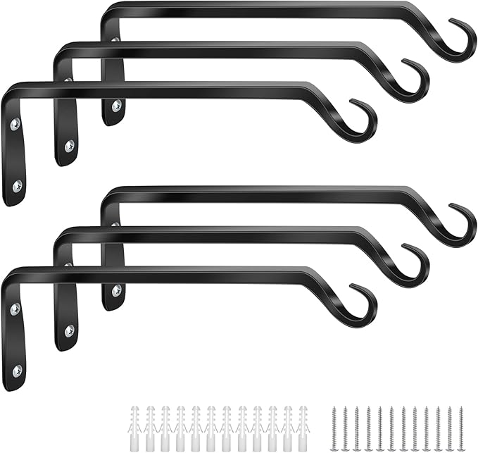 Worth Garden 6-Pack 10" Plant Hanger Bracket - Forged Wrought Iron Powder-Coated Heavy Duty Wall Hook - Black Plant Hanging Hooks - Durable and Stable for Bird Feeders, Planters Indoor & Outdoor