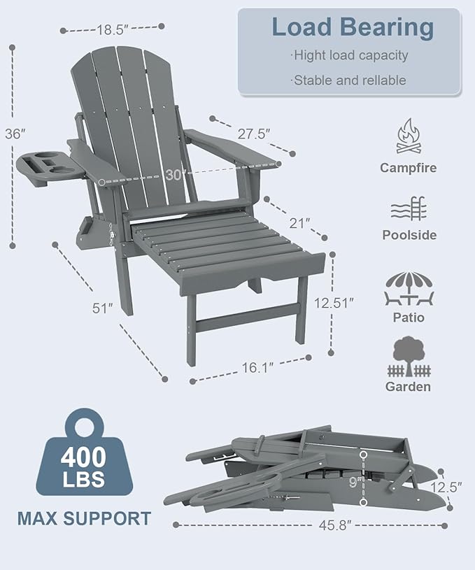 Adjustable Adirondack Chair with Retractable Ottoman Set of 8, HDPE Folding Adirondack Chair with Cup Holder, All Weather Fire Pit Chair for Outdoor.