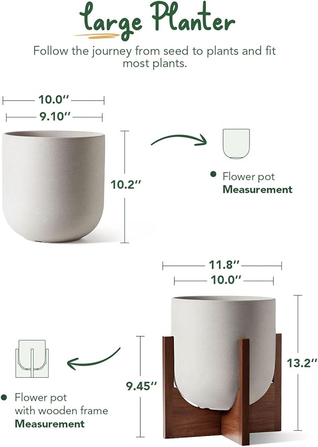 LE TAUCI 10 Inch Planter with Acacia Wood Stand, Ceramic Planters for Indoor Plants, Unique Plant Pots Indoor for Home Decor, Cylinder Pots for Plants with Drainage Hole and Plug, Neutral Gray
