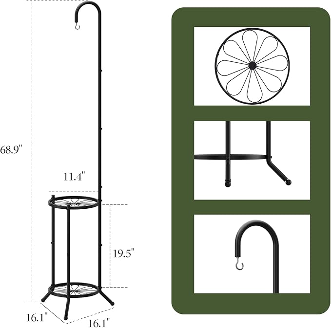 PULIJIAJU 2-tier Hanging Plant Stand Indoor and Outdoor, Space-Saving Iron Plant Shelf, 3 Potted Flower Pot Stand ,Planter Holder for Bedroom Balcony Living Room Patio Garden(Hook Style)
