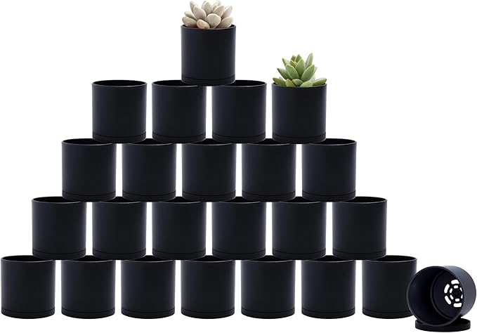 D'vine Dev 24 Pack 2 Inch Mini Plastic Plant Pots, Small Garden Planters for Plant with Drainage Holes and Saucers, Black Color, 74-Y-A-6