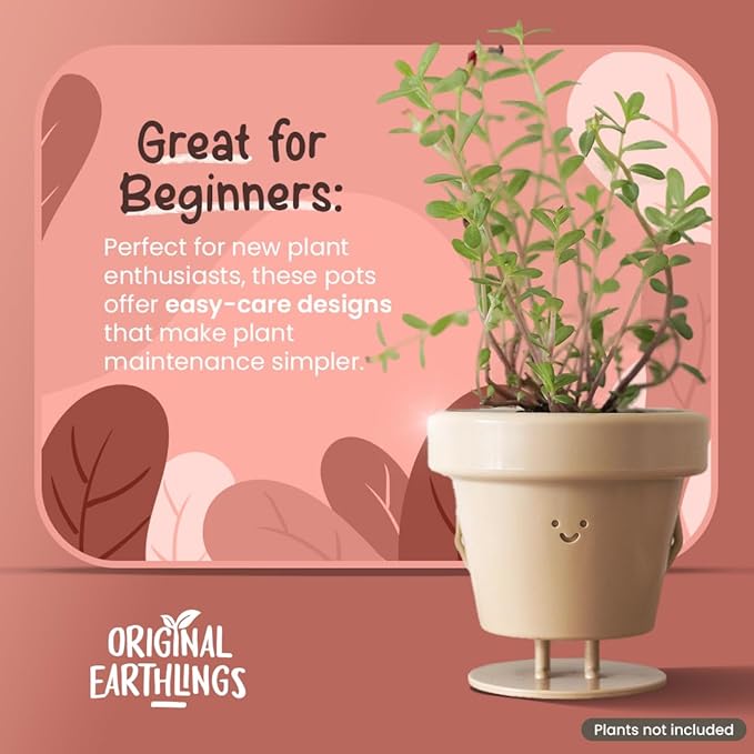 Original Earthlings Standing Pot - 4 Inch Cute Plant Pot - Plastic Funny Planter with Drainage - Unique Cactus Lover Gift - Small Succulent Face Flower Pot - Cute Plant Gifts for Plant Lovers