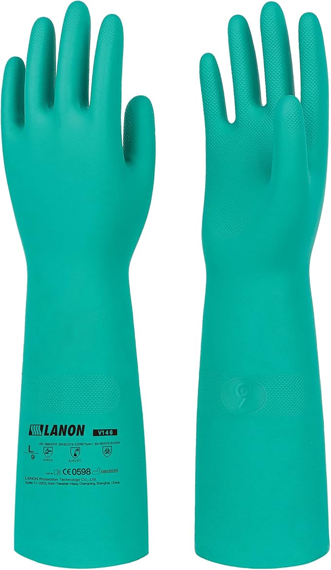 LANON Nitrile Chemical Resistant Gloves, Reusable Heavy Duty Safety Work Gloves, Acid, Alkali and Oil Protection, 18" Length, Non-Slip, XX Large