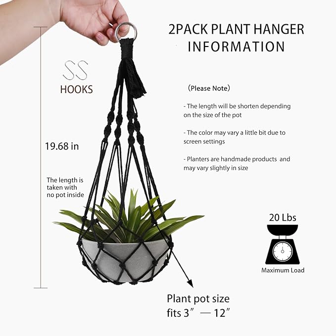 Artilady Black Plant Hanger Macrame Hanging Planter for Indoor Boho Plants Holder with Hooks Hanging Plant Basket Outdoor Window Wall Plants Home Decor (Black Macrame)