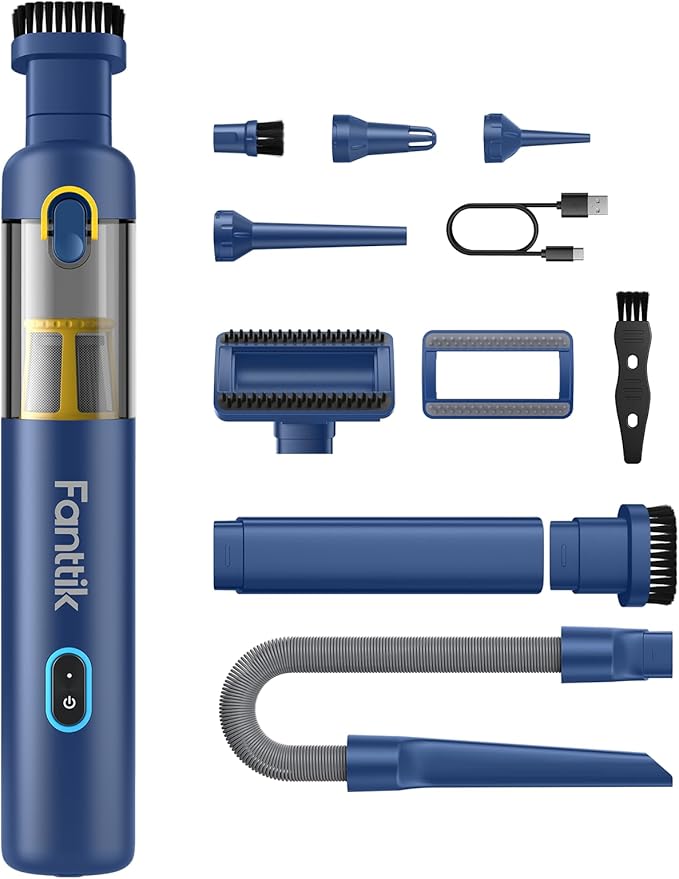 Fanttik Slim V8 APEX Car Vacuum, 4-in-1 Portable Mini Cordless Vacuum with 19000pa Suction Power, Type-C Charge, 2 Suction Modes, Handheld Vacuum for Small Jobs, Car, Office Desk, Keyboards (Blue)