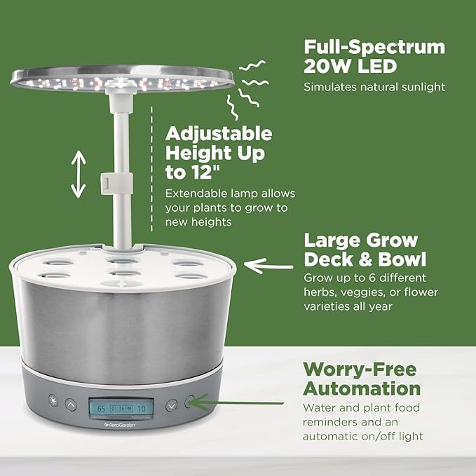 AeroGarden Harvest Elite 360 Indoor Garden Hydroponic System with LED Grow Light and Herb Kit, Holds up to 6 Pods, White
