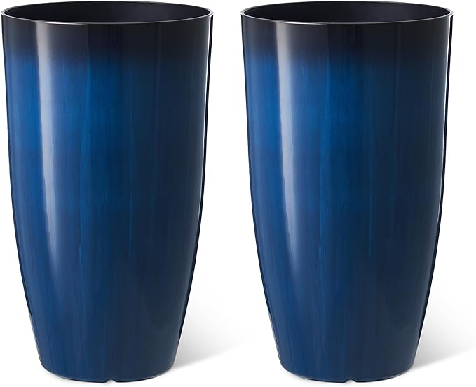 Glitzhome 23.5" H Oversized Tall Round Tapered Planter, Set of 2 Large Gradient Cobalt Blue Faux Ceramic Tall Planters Pots, Plastic Flower Pots with Drainage Holes for Front Porch Patio Garden Deck