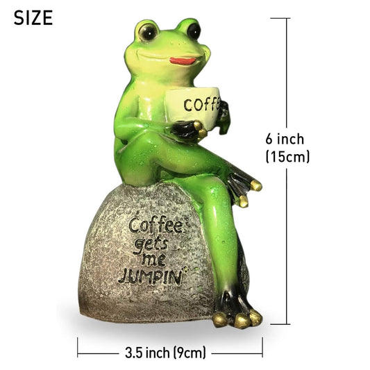 OwMell Frog Statue for Garden Decor, Drinking Coffee Green Frog Figurine