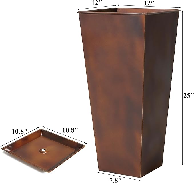 Worth Garden 12" Dia x 25" H Large Metal Planter Set of 2, Matte Bronze Retro Finish Tall Square Tapered Steel Plant Pots, Decor Flower Pot Indoor & Outdoor, Drainage Hole & Dual-Purpose Plant Saucer