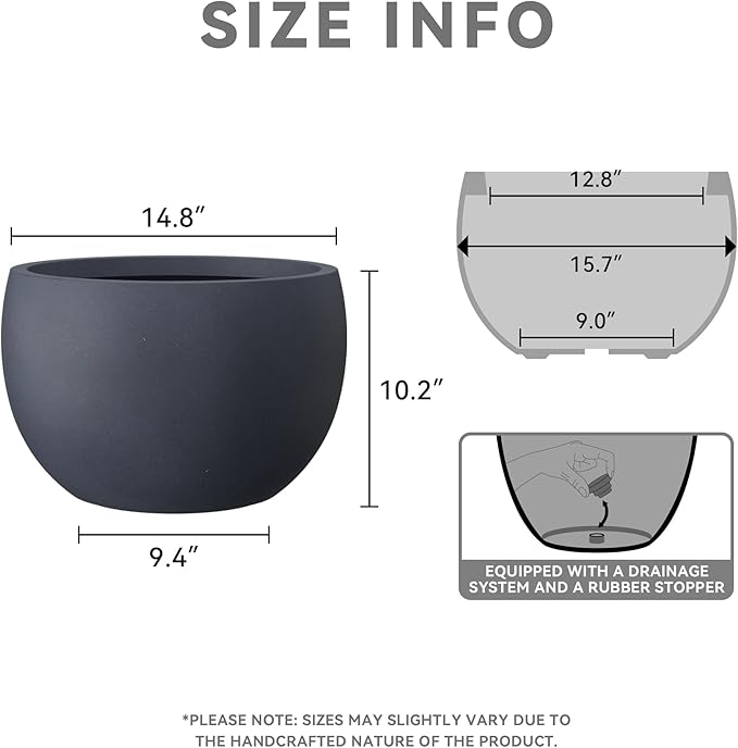 Kante 15.7" Dia Round Concrete Planter, Outdoor/Indoor Large Bowl Plant Pots with Drainage Hole and Rubber Plug for Garden Patio Balcony Home, Charcoal
