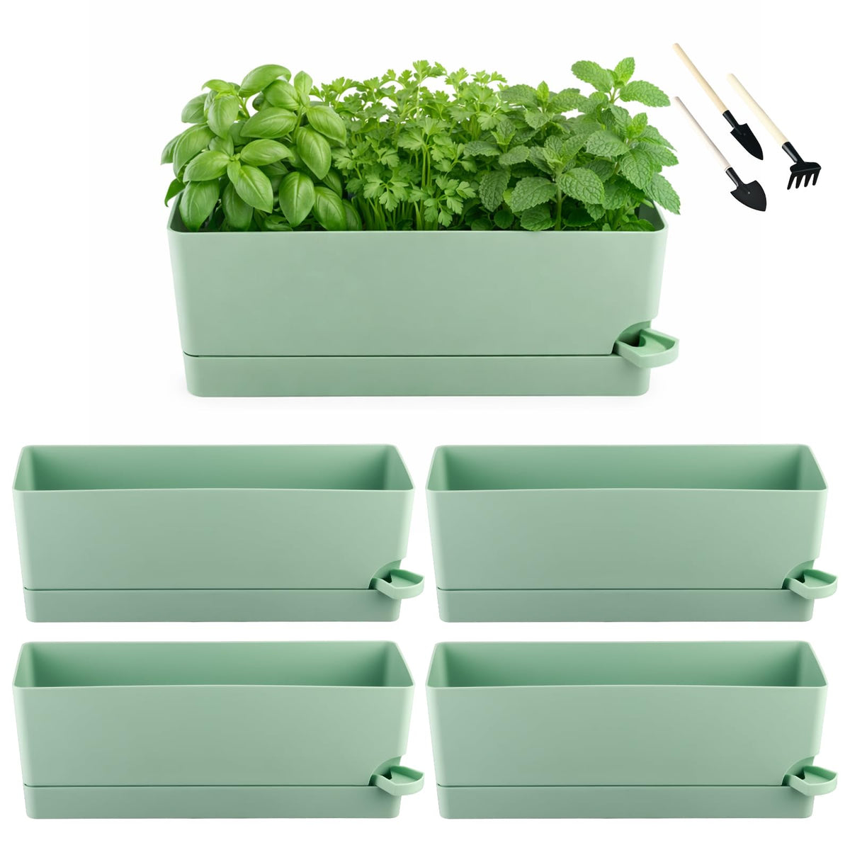 Party Zealot Window Boxes Planters, 5 Pack Self Watering Pots for Indoor Plants 17 Inch Rectangular Planter Rectangle Flower Pots Long Plant Pot Large Window Sill Herb Planter Box, Green