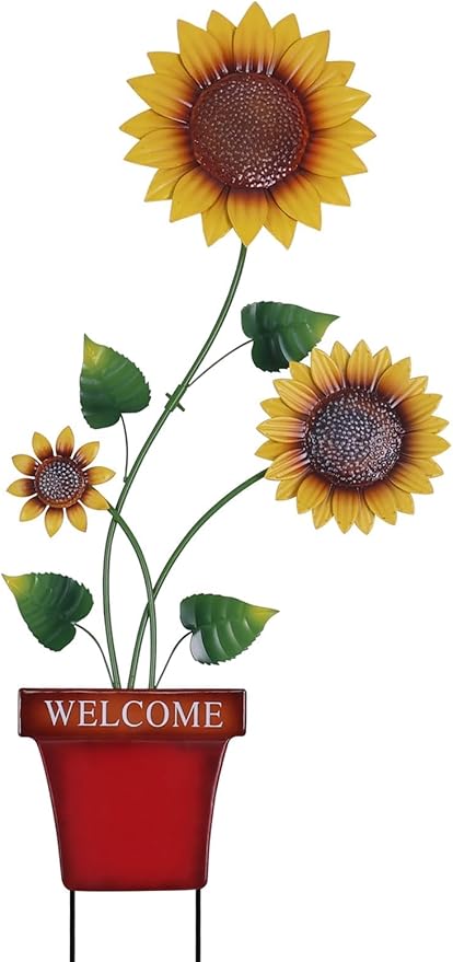 hogardeck Garden Decor for Outside, 39" Sunflower Pot Decorative Garden Stakes for Spring Outdoor Decor, Metal Yard Art Sunflower Welcome Sign for Porch Patio Lawn Pathway Backyard Decorations