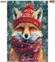 Fox with Red Scarf and Hat Snowflake Christmas Garden Flag, 28x40 Inch Double Sided Linen Holiday Red Winter Farmhouse Yard Outdoor Decoration (4324)