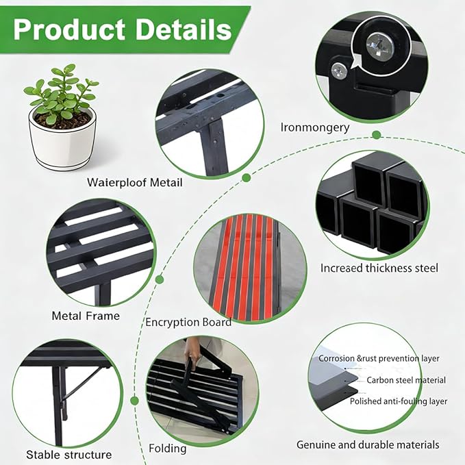 Single Tier Metal Plant Stand, Long Narrow Foldable Plant Stand for Indoor Outdoor, Heavy Duty Waterproof Plant Holder for Living Room Balcony Garden Window Patio，Plant Lovers, Display Stand （L33" x H7.8" x W9.7")