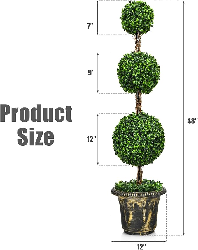DREAMADE 4ft Topiary Trees Artificial Outdoor/Indoor, Faux Plants Shrub Bushes w/Cement-Filled Retro Pot, Fake Triple Ball Boxwood Topiary Set of 2 for Home, Office, Porch, Front Door, Entrance