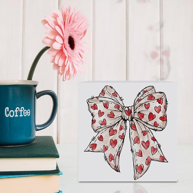 Valentines Day Decorations, Valentines Day Gifts for Her Him, Gift for Boyfriend Girlfriend, Romantic Coquette Heart Bow Anniversary Wooden Box Sign Husband Wife Home Office Bedroom Desk Decor