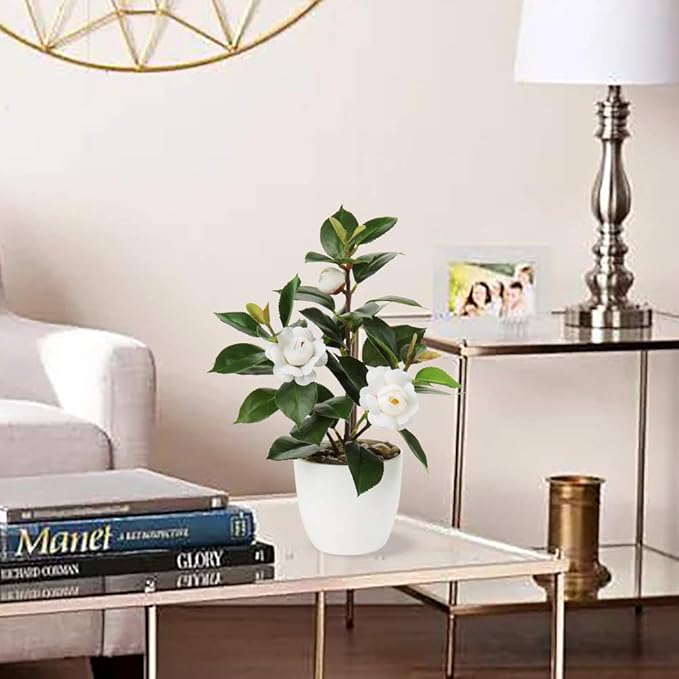 Briful Artificial Plants Mini Camellia Potted Fake Plants Small Faux Plastic Plants Desk Plant Artificial Flowers with Vase for Home Office Desk Kitchen Garden Indoor Decor