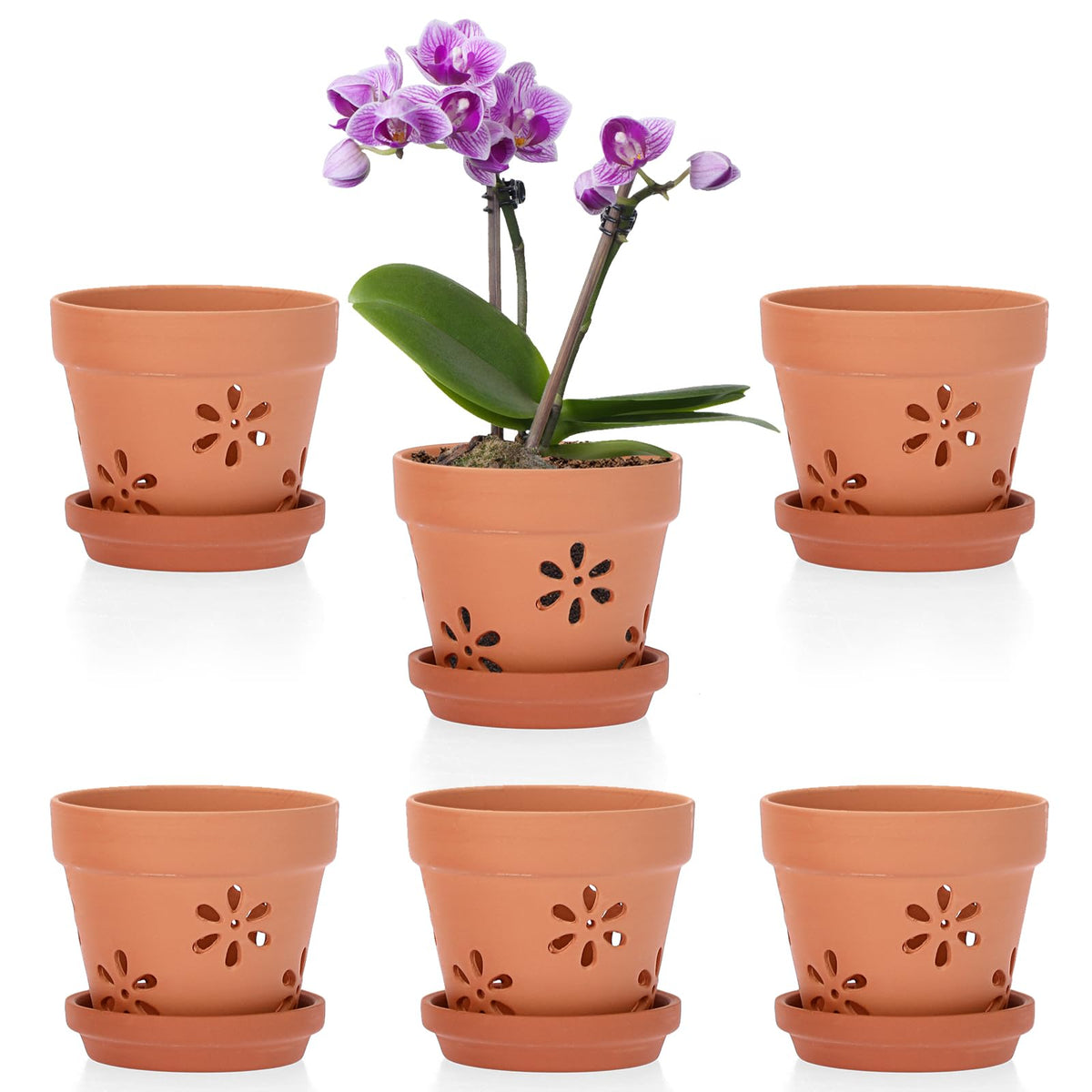 JUXYES Small 4" Hollowed Out Terracotta Orchid Pots with Holes and Saucer