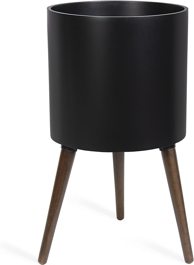 D'vine Dev 14 Inch Planter Pot with Stand, Mid-Century Tall Plant Pot with Legs for Indoor Plants, X-Large, Black, 88-O-D-2