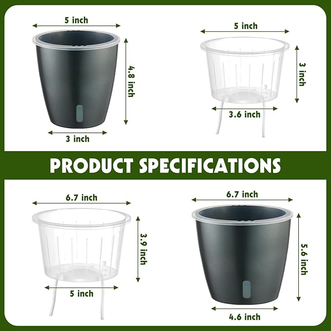 KvyusFlourish Self Watering Pots for Indoor Plants, 6-Pack 6.7'' Self Watering Planter with Drainage Holes, Small African Violet Pots with Water Indicator, Clear Wick Orchid Pot, Grey Gold