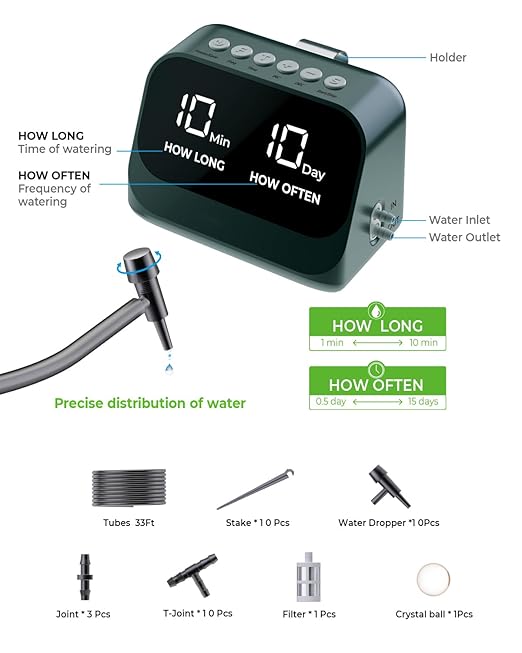 Automatic Watering System for Potted Plants, Plant Waterer, DIY Drip Irrigation Kit with Smart Timer, Waterproof LED Display & Large Capacity Battery, Precise Distribution of Water (Green)