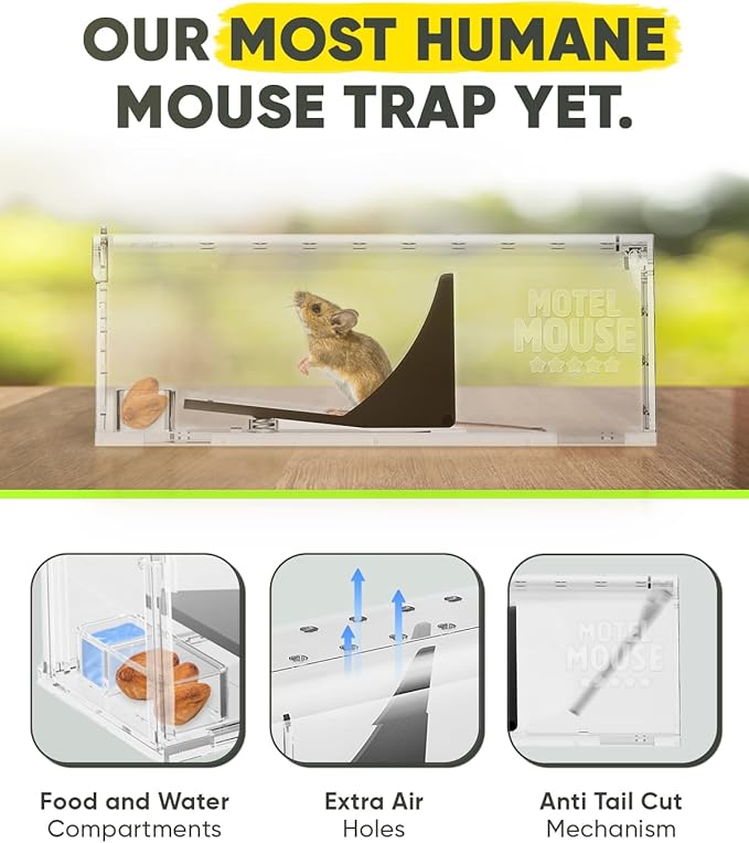 Motel Mouse Humane Mouse Traps No Kill Live Catch and Release 4 Pack - Reusable, Easy to Use & Clean, No Touch Release, Sensitive Includes Cleaning Brush, Instruction Manual & Video - Mousetrap Indoor