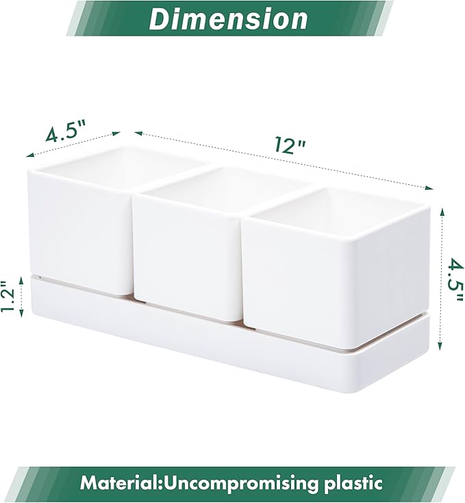 D'vine Dev Herb Garden Planter Set, Plastic Plant Pots with Drainage and Saucer, Indoor Succulent Cactus Vegetable Pot for Windowsill, Garden Balcony, White, Set of 1, 76-V-A-1