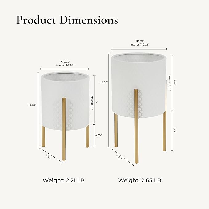 LuxenHome Planters for Indoor Plants, Set of 2 Indoor Plant Pots, White Planter with Gold Metal Stand, Luxury Flower Pots for Plants, Large Floor Plant Pot, NOT Waterproof