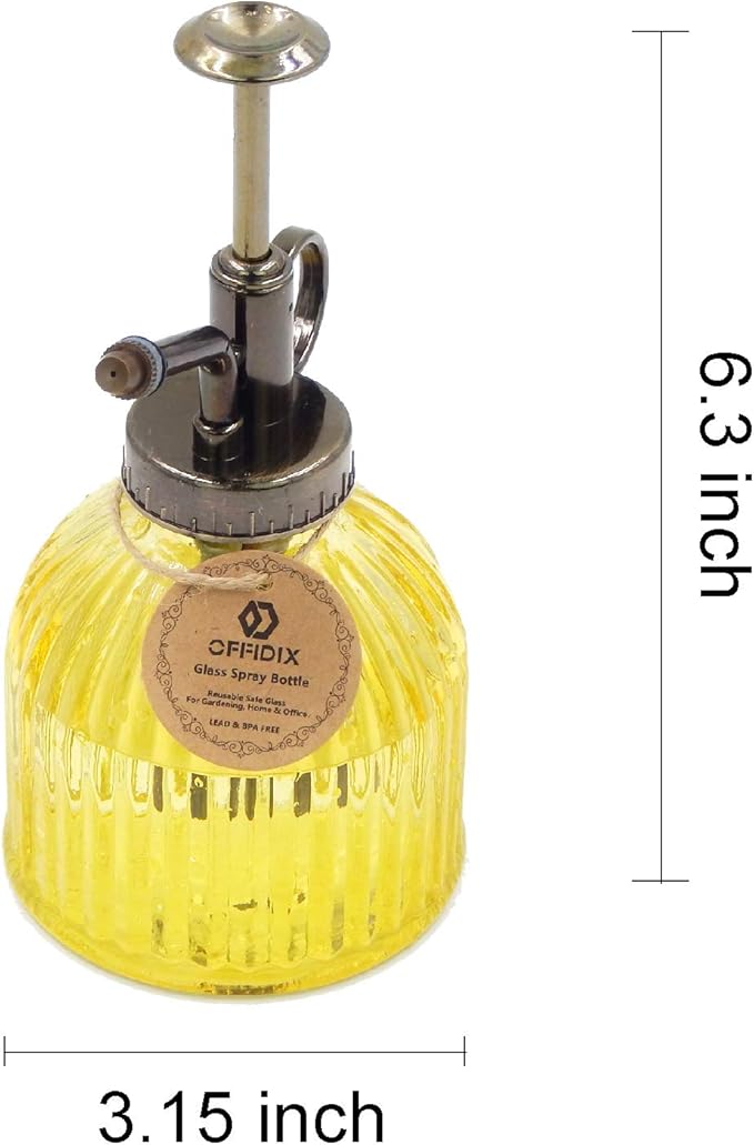 OFFIDIX Glass Watering Spray Bottle, 6.3" Tall Vintage Style Decorative Plant Atomizer Watering Can Pot with Bronze Plastic Top Pump for Indoor Potted Plants(Yellow)