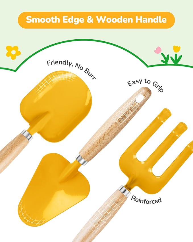 Grenebo Kids Gardening Set Toys,Includes Metal Trowel,Transplanting Shovel,Garden hat,Rake,Apron,Gloves,Watering Can,and Tool Organizer Bag (Yellow)