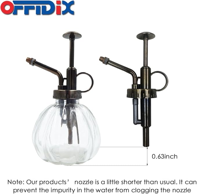 OFFIDIX Transparent Glass Watering Spray Bottle, 6.3 Inches Tall Vintage Style with Bronze Plastic Top Pump One Hand Plant Mister Glass Watering Can Indoor