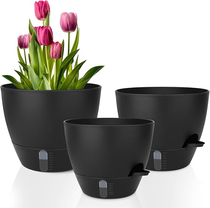 Self-Watering Plant Pots with Water Level Indicator, Drainage Holes & Saucers – 12/10/9 Inch Large Plastic Planter Set for Indoor & Outdoor Plants (Pure Black)