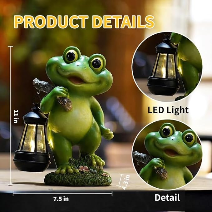 Outdoor Frog Garden Decor: 11'' Yard Decoration with LED Lantern Funny Solar Frog Statue Gifts for Women Mother's Day Housewarming Gift