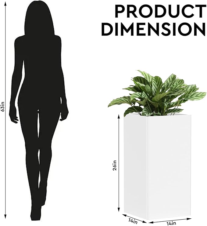 Galvanized Steel Metal Planter, 26 Inch White Square Outdoor Planters with Removable Insert Shelf and Drain Holes, Heavy Duty Flower Pot Modern Commercial Residential for Trees Patio Deck Yard Garden