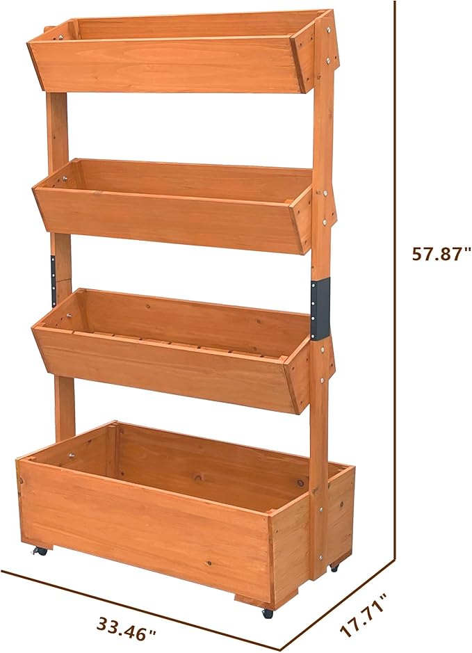 Wooden Elevated Garden Bed, Vertical 4-Storey Wooden Flowerpot Box with Wheels, Adjustable Flowerpot Box, Suitable for Outdoor and Indoor Balconies, Vanilla Garden Gardening Vegetables