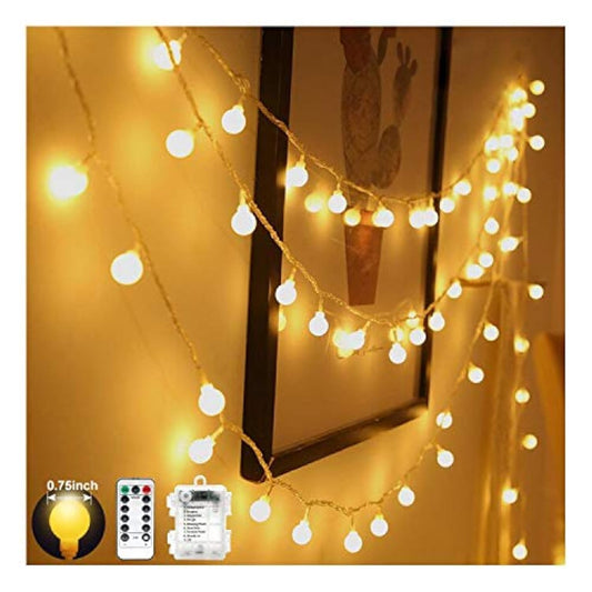 YoTelim Globe String Lights Battery Operated Warm White ，Water Proof 1 Pack 33FT 80 LED Globe Fairy String Light 8 Modes with Remote Control, for Home, Party, Christmas, Wedding, Garden Decoration