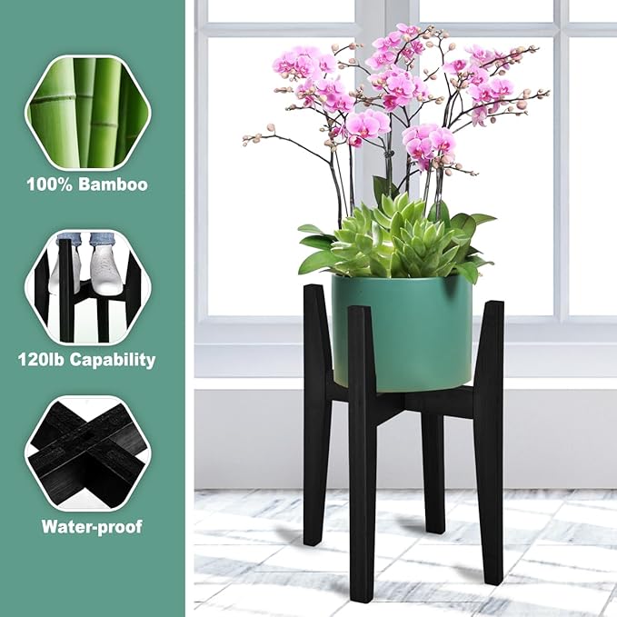 Plant Stand Indoor, Bamboo Plant Shelf, Adjustable Corner Plants Flower Holders Single Floor Plant Stand, Fits 8 to 12 Inches Pots,(Pot & Plant Not Included)(Black)