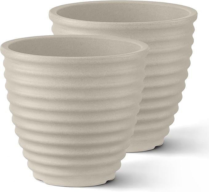 ARBORA 16" Ibiza Polyresin Indoor and Outdoor Planter with Classic Cream Finish - Durable, Weatherproof, Lightweight, Large Plant Pot for Patio, Garden, Deck, Entryway - 2 Pack