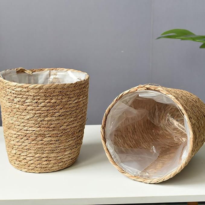 Home Decor Woven Straw Flower Pot Seagrass Planters Basket Garden Plant Pot Containers Wicker Rattan Vase Sundries Organizer Storage Bins for Indoor Outdoor Plants Vintage Decor