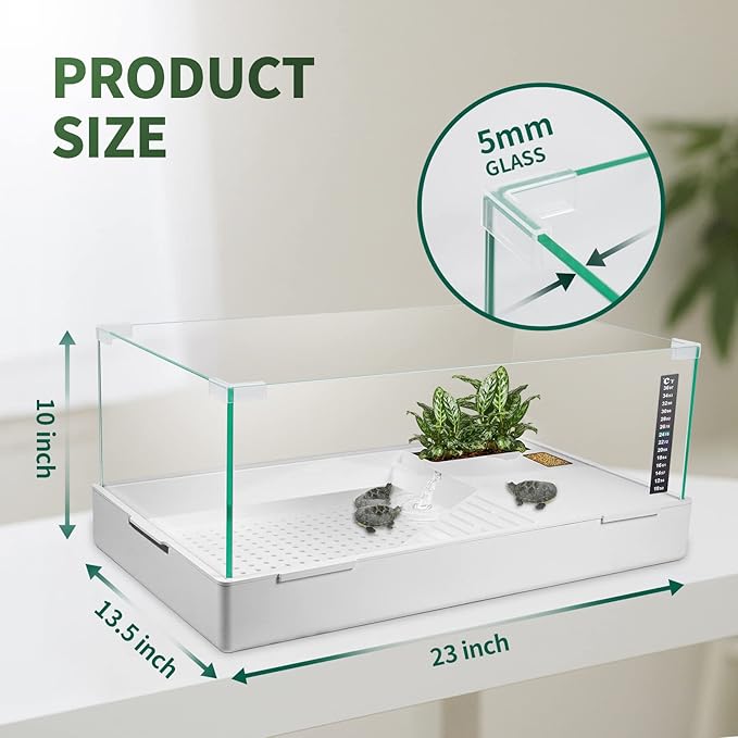 BETAZOOER Turtle Tank with Adjustable Water Pump Filter, Full View Visually Tortoise Aquarium Habitat, Glass Material Easy Changing Water&Clean for Small Amphibious Creatures Reptiles (23"×13.5"×10")
