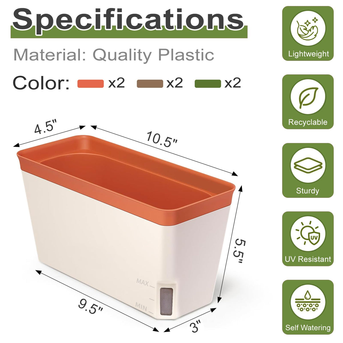 OurWarm Self Watering Pots for Indoor Plants, 6 Pack 10.5 Inch Plastic Window Herb Planter Box with Water Level Indicator, Modern Decorative Windowsill Planters for Herbs, Flowers, Seedlings