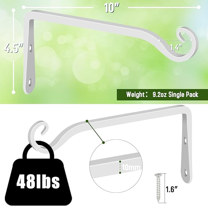 FEED GARDEN Hanging Plant Bracket 10 Inch 2 Pack, Hand-Forged Plant Hanger for Hanging Bird Feeders, Wind Chimes, Flower Baskets, Lanterns, Indoor/Outdoor Use, White