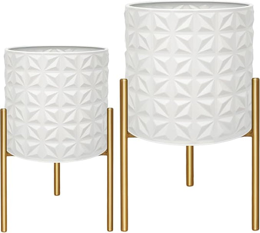 ARNIS Modern Planter Pots, Set of 2 Large Planters with Stand, Decorative Planters, Metal Pots with Drainage Holes for Living Room, Office, Garden or Balcony, 10.5 &12.25 Inch, Matte White