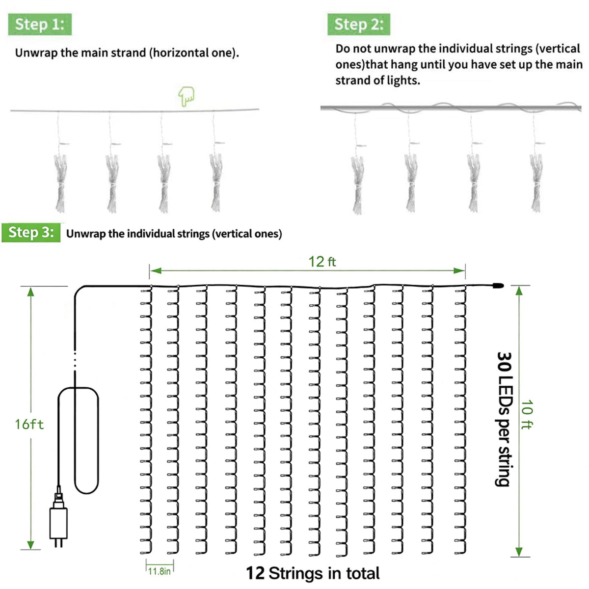 Solhice LED Curtain Lights Outdoor 12ft x10ft, 360 LED Plug in Hanging String Lights Indoor Bedroom, Twinkle Light Backdrop for Outside Wedding Decor, Warm White (Not Connectable)