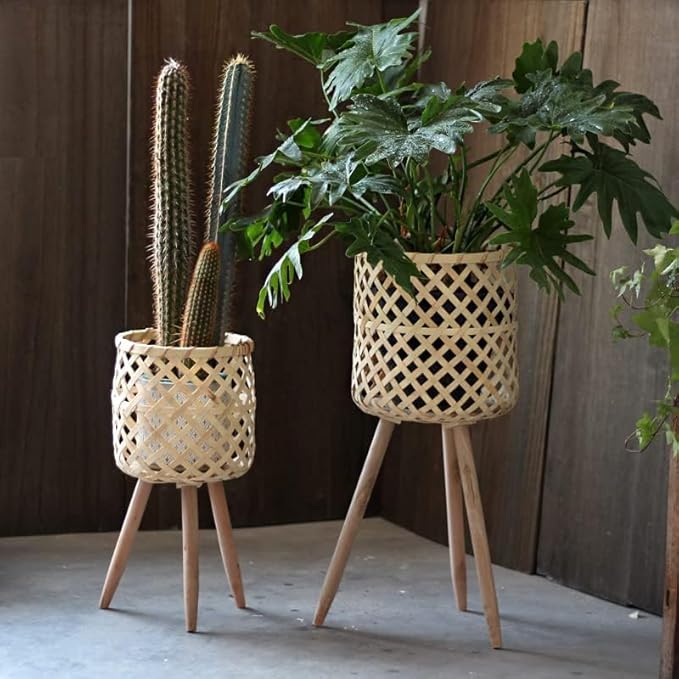 RISEON Set of 2 Handmade Mid Century Modern Planter, Rustic Indoor Rattan Basket Flower Pot Plant Stand,Large Floor Planter Natural