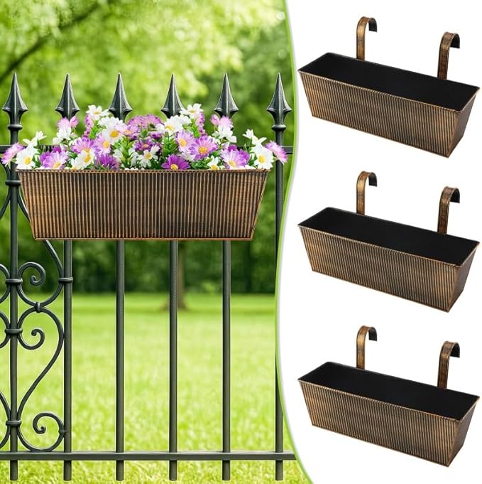 3 Pcs Large Hanging Flower Pots for Railing or Fence 16 Inch Railing Planter Box for Any Balcony Porch or Deck Countryside Style Window Planter Boxes Are Perfect to Herbs & Flowers (Retro-3pcs)