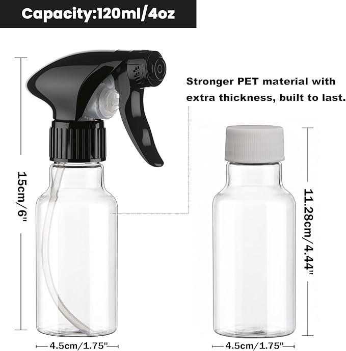 Spray Bottles 4oz/120ml Plastic Small Spray Bottle for Hair Mist/Stream Spraying Heavy Duty Empty Water Spray Bottles for Cleaning Solutions, Plants 2 Pack (Clear)