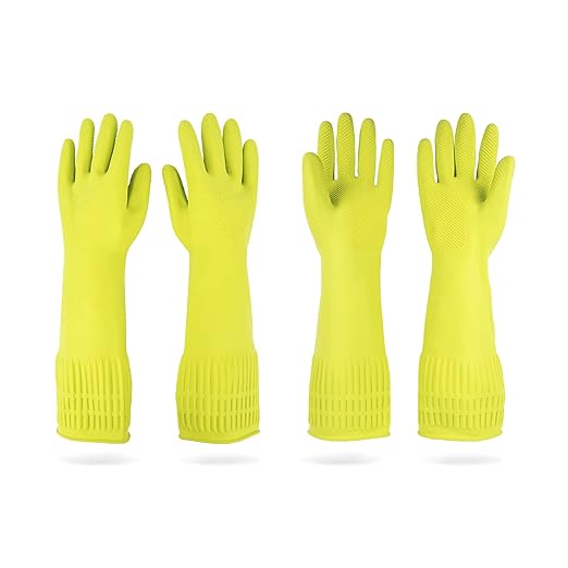 Mamison 2 Pairs Reusable Waterproof Household Dishwashing Cleaning Rubber Gloves, Non-Slip Kitchen Glove (Green, Large (Pack of 2))
